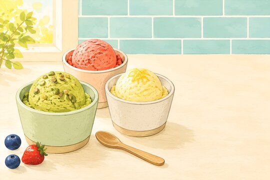 三色ジェラートと木製スプーンの広告向けイラスト