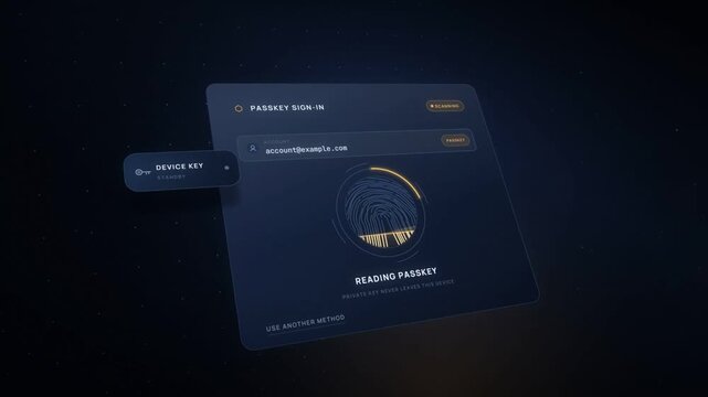 Passkey sign in interface with glowing fingerprint scan and device key authentication