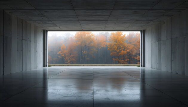 Inside a modern, ultra-minimalist concrete garage with a polished epoxy floor 