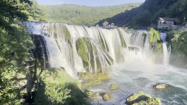 &Scaron;trbački Buk Waterfall Cascading Landscape in Lush Una National Park Bosnia in Colorful Summer, Natural Environment