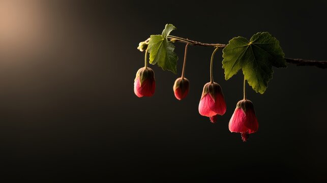 Abutilon Sellowianum Red Pink Bell Flowers on Dark Background