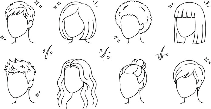 Hairstyle and haircut line art icon set featuring diverse men and women avatar heads isolated on white background