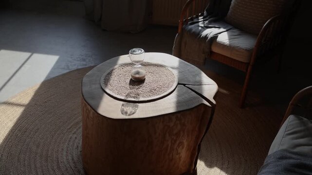 Small glass hourglass filled with sand stands on a woven mat atop a natural wooden table, illuminated by warm sunlight in a cozy rustic interior