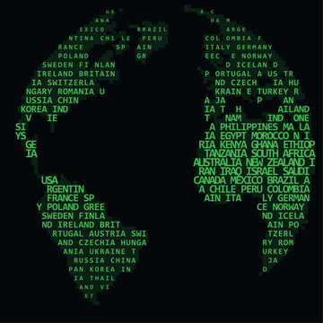 Typographic Terrain World Map in Word Map Matrix Green Atlantic Palette with binary code and text characters filling continental shapes for Cinnamon Contemporary Elegant Poster Print and Contemporary
