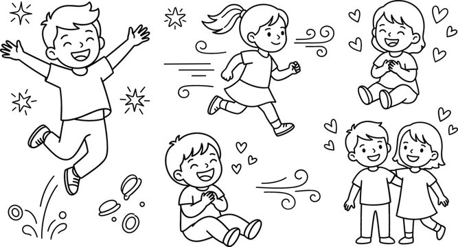 Happy kids cartoon character line art set with children jumping running hugging and laughing on white background