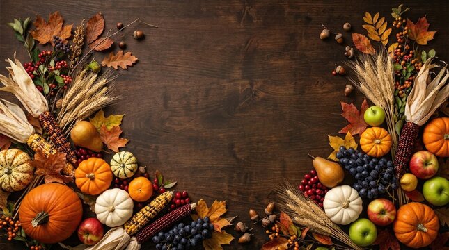 Autumn harvest composition with pumpkins, corn, fruits, and fall leaves on a rustic dark wooden background