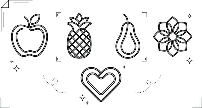 Minimalist botanical fruit line art icon set with apple pineapple pear geometric flower and romantic heart emblems