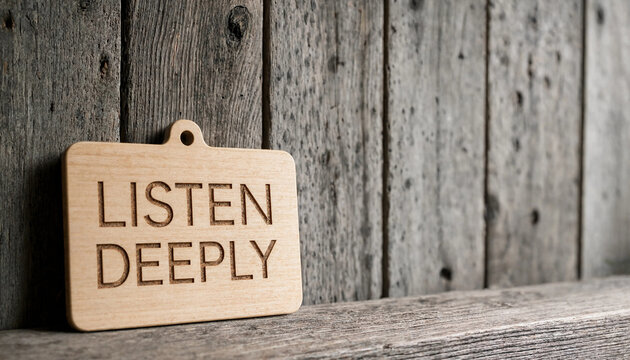 Wooden tag with listen deeply engraved on rustic wooden surface concept for mindfulness and communication