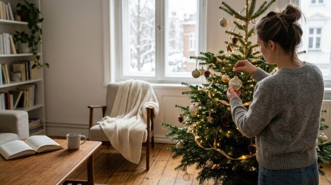 Person Decorating a Christmas Tree Indoors with Ornaments and Lights