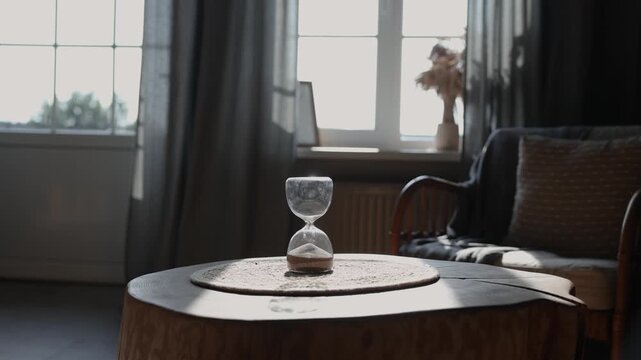 Glass hourglass with sand stands on a woven mat atop a natural wood table in a softly lit interior, framed by windows and dark curtains with copy space