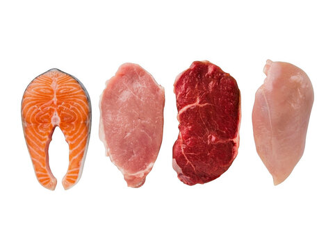 Assorted raw meat cuts including fish steak pork beef and chicken with pork chop chicken breast white background