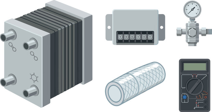 Hydrogen Fuel Cell Stack and Clean Energy Technology Icon Set Featuring Proton Exchange Membrane PEM Stack Voltage Controller Pressure Gauge Braided Hose Tube and Digital Multimeter