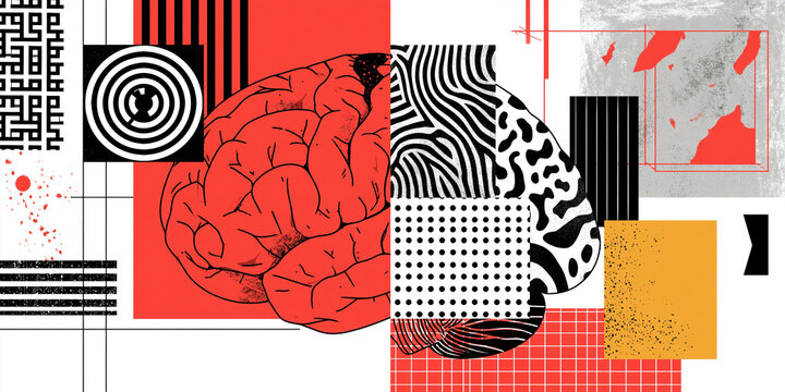 Abstract art representing a human brain divided into two halves, one with a textured pattern and the other abstract design, symbolizing cognition and creativity