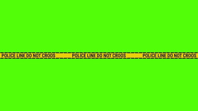 Police line yellow tape featuring black text do not cross on green.