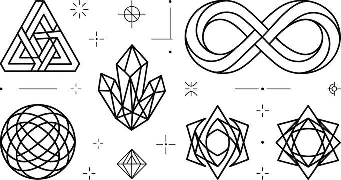 Sacred geometry shapes infinity symbol impossible triangle crystal and esoteric outline vector doodle set for coloring book