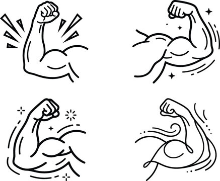 Strong arm bicep muscle flexing line art vector set with fitness bodybuilder power emblem and spark elements