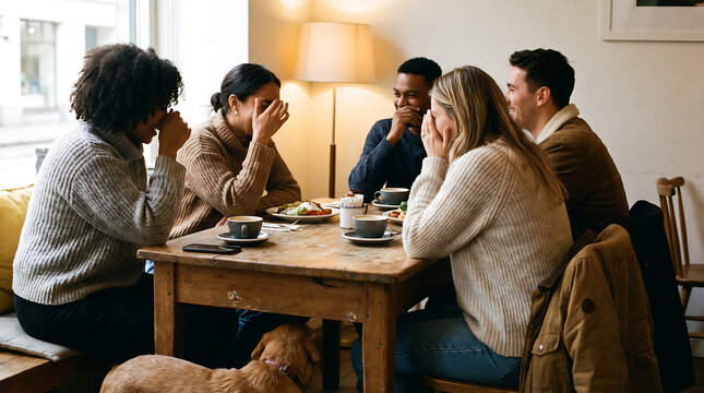 Adults sitting around a table during an emotional discussion, representing support, communication, difficult conversations, empathy, relationships, and wellbeing.