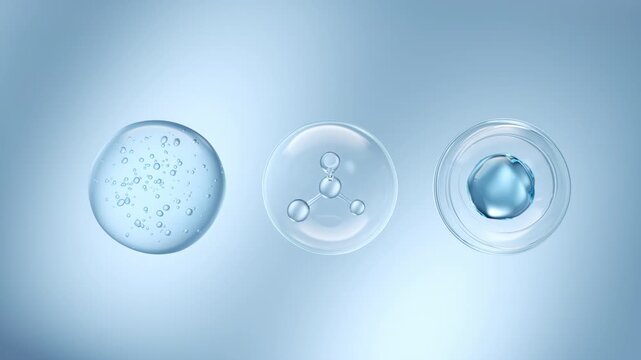 Set of molecule inside liquid bubbles, cosmetic essence.