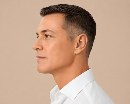 Sharp masculine jawline profile of handsome mature man with short haircut after surgery