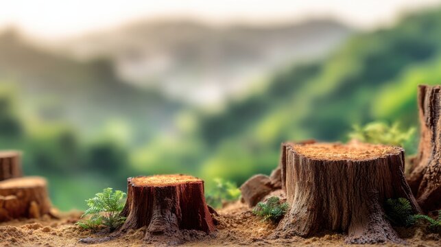 Two tree stumps on a deforested hillside, representing environmental loss.