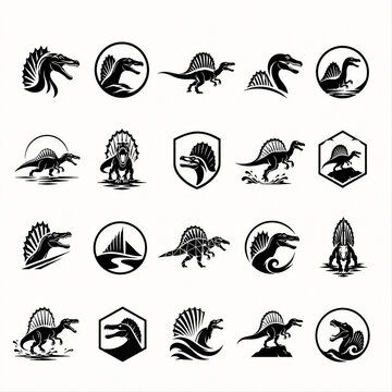 Set of minimalist spinosaurus icons and silhouettes, simple prehistoric dinosaur symbol collection in flat design