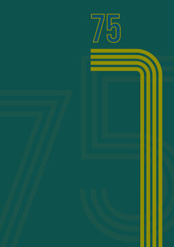 1970s sports background with copyspace. Vintage colored stripes and the number 75 on muted green background