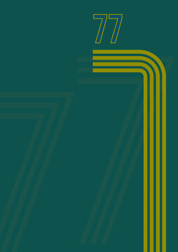 1970s sports background with copyspace. Vintage colored stripes and the number 77 on muted green background