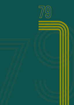 1970s sports background with copyspace. Vintage colored stripes and the number 79 on muted green background