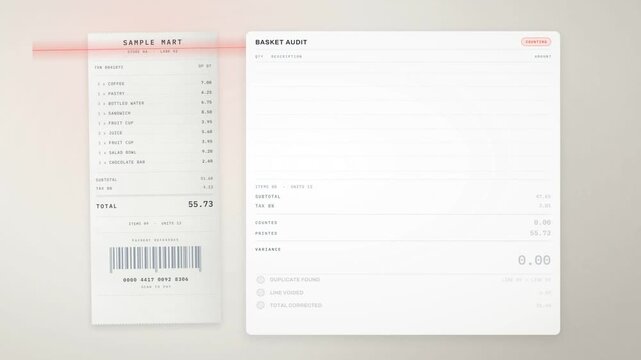 Basket audit finds duplicate receipt line and corrects the total after laser scan check