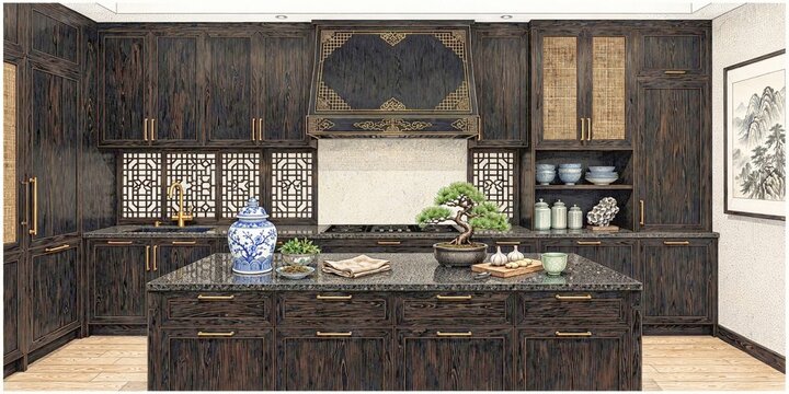 A luxurious Asian kitchen featuring dark ebony wood cabinetry, an ornate range hood, white carved lattice backsplash, a granite-top island with bonsai, and traditional Chinese wall art.