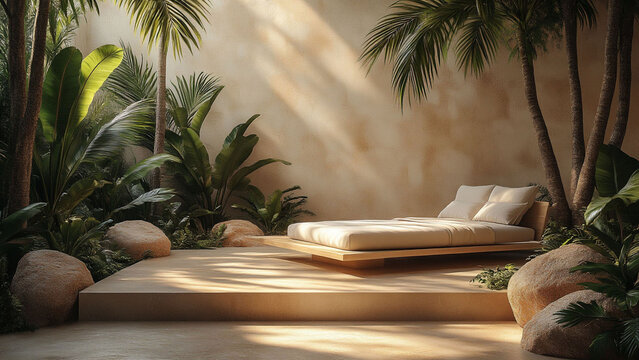 Minimalist outdoor daybed with white cushions surrounded by tropical plants and sunlight.