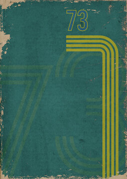 1970s sports background with copyspace. Vintage colored stripes and the number 73 on grunge, bleached out paper texture with scratches and folds.
