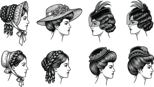 Vintage women profiles side view portraits collection featuring historical Victorian hats bonnets and hairstyles engraving