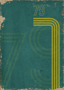 1970s sports background with copyspace. Vintage colored stripes and the number 79 on grunge, bleached out paper texture with scratches and folds.
