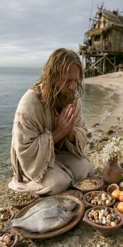 A man with a long beard and flowing hair kneels on a rocky shore, hands clasped in prayer. Before him, a spread of food including fish, fruits, and grains sits in rustic bowls.