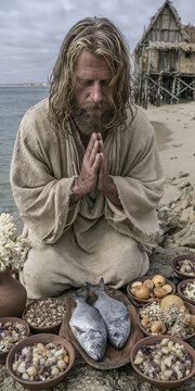 A man dressed in a simple robe, kneeling by the sea with his hands pressed together in prayer. In front of him, a collection of bowls filled with food and two fish are arranged