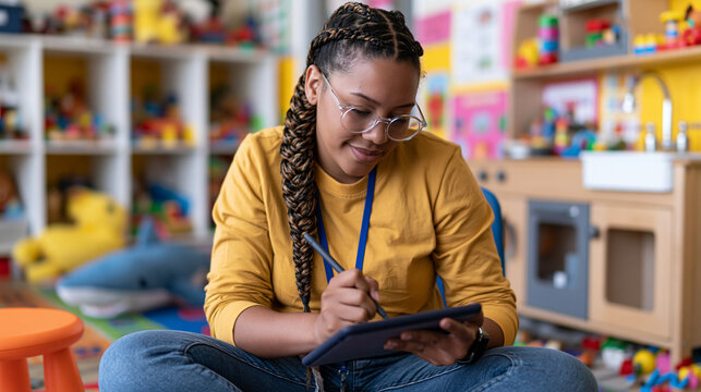 Female teacher with long braids and glasses uses a tablet in a colorful preschool classroom. Digital education, teacher portrait, modern learning, school technology.