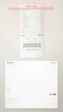 Vertical scan tally counts receipt items until the total matches and payment settles