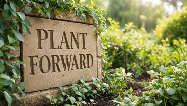 Plant forward concept sign in garden with green foliage and natural sunlight