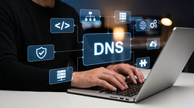 Developer typing on laptop with glowing DNS technology network interface overlay