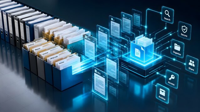 Physical folders transforming into glowing digital data server representing electronic document management system and secure archive