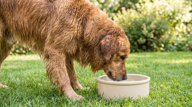 Wet dog drinking water outdoors supports heatstroke prevention. heat wave hot weather temperature. heat stroke dehydration symptom risk, emergency warning protection aid