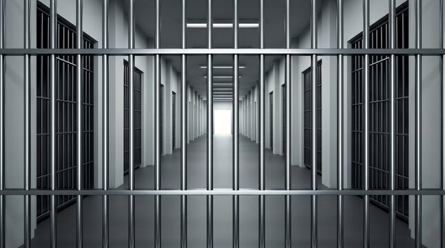 Interior of a modern prison corridor behind metal bars