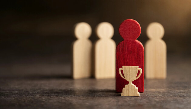 Red wooden figure standing out with trophy in front symbolizing achievement and leadership among group