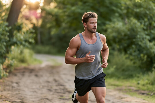 Athletic man jogs on a sunlit forest trail wearing a gray tank top. Outdoor fitness, trail running, cardio training, active lifestyle.