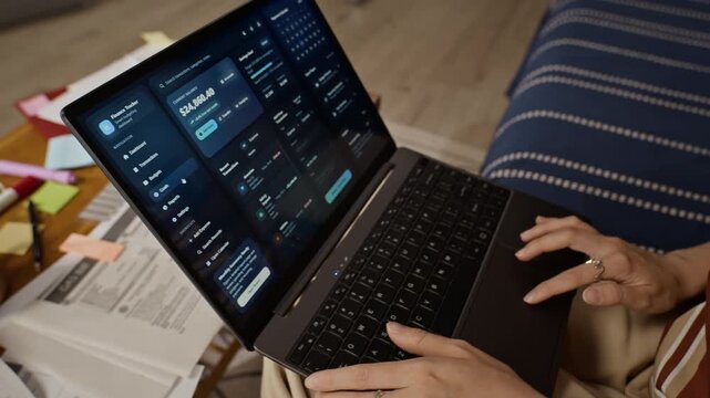 Young adult Caucasian woman using laptop to manage personal finance tracker app, handheld tilt up revealing table cluttered with bills and past due notice. Perfect for debt relief or banking ads