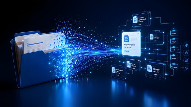 Physical folder disintegrating into digital pixels and flowing into document network flowchart representing electronic data organization