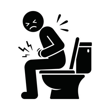 Black silhouette icon of a person sitting on a toilet experiencing stomach pain and digestive issues.