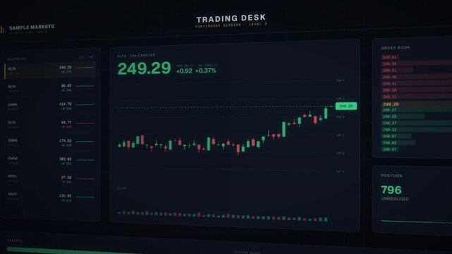 Trading desk dashboard with rising candlestick chart order book and live price ticker