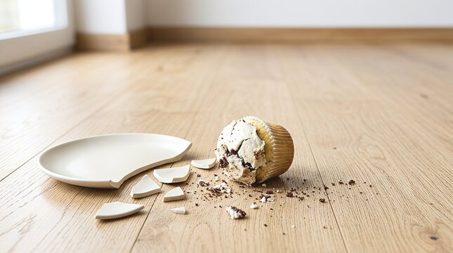 Broken plate and dropped cupcake on a wooden floor